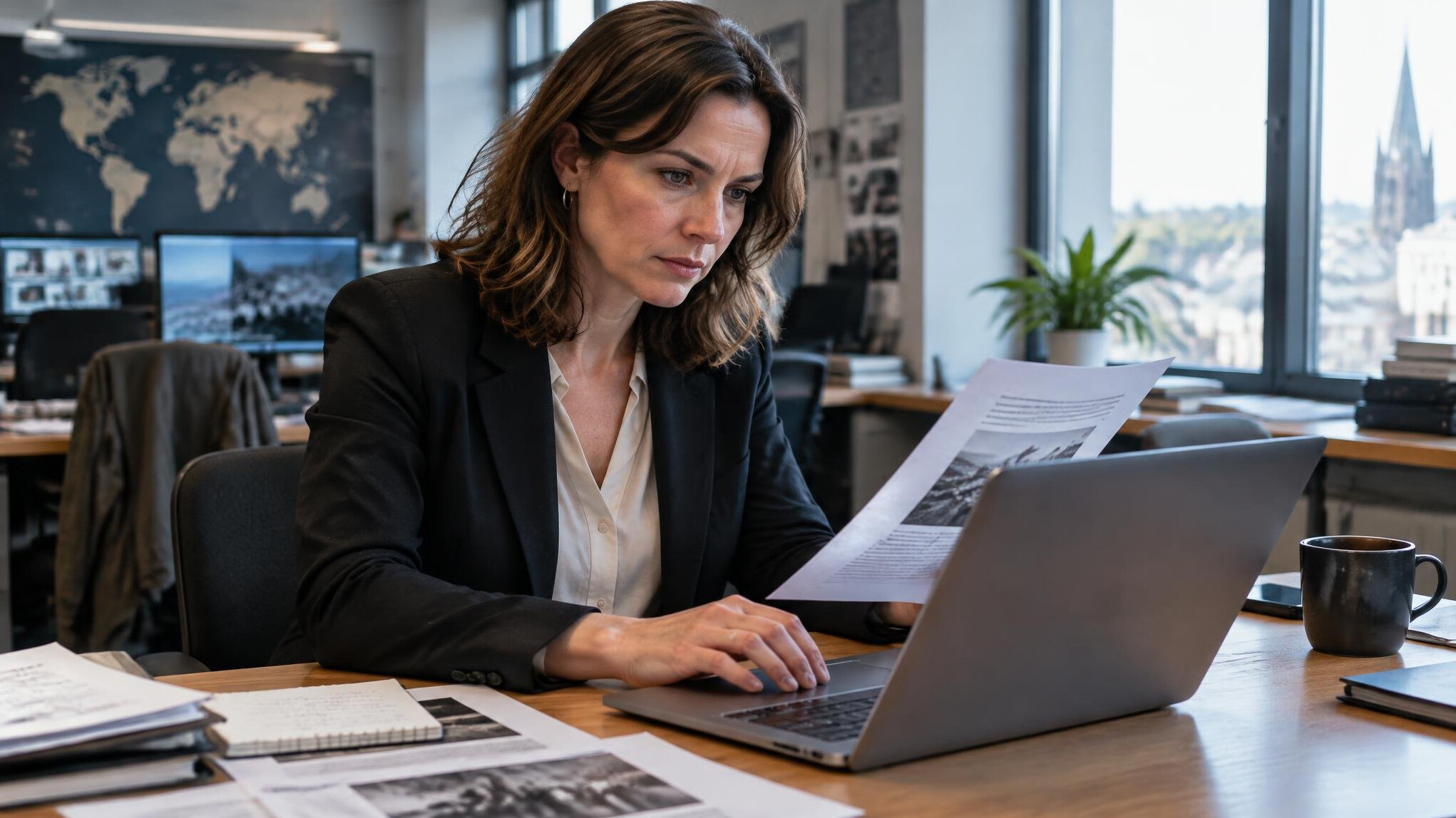 Journalist reviewing documents and typing on a laptop at a desk