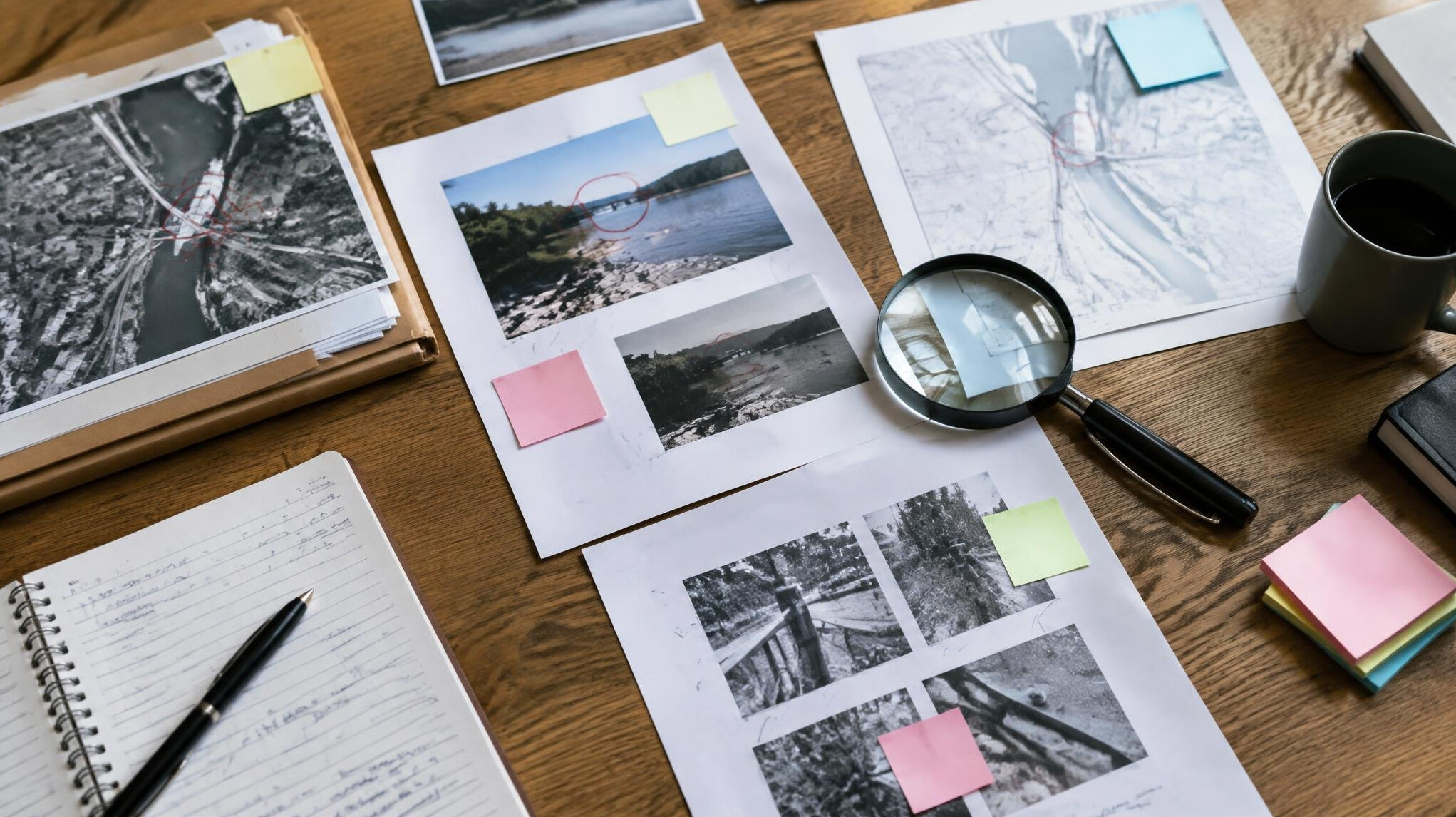 Printed documents and evidence papers spread on a table