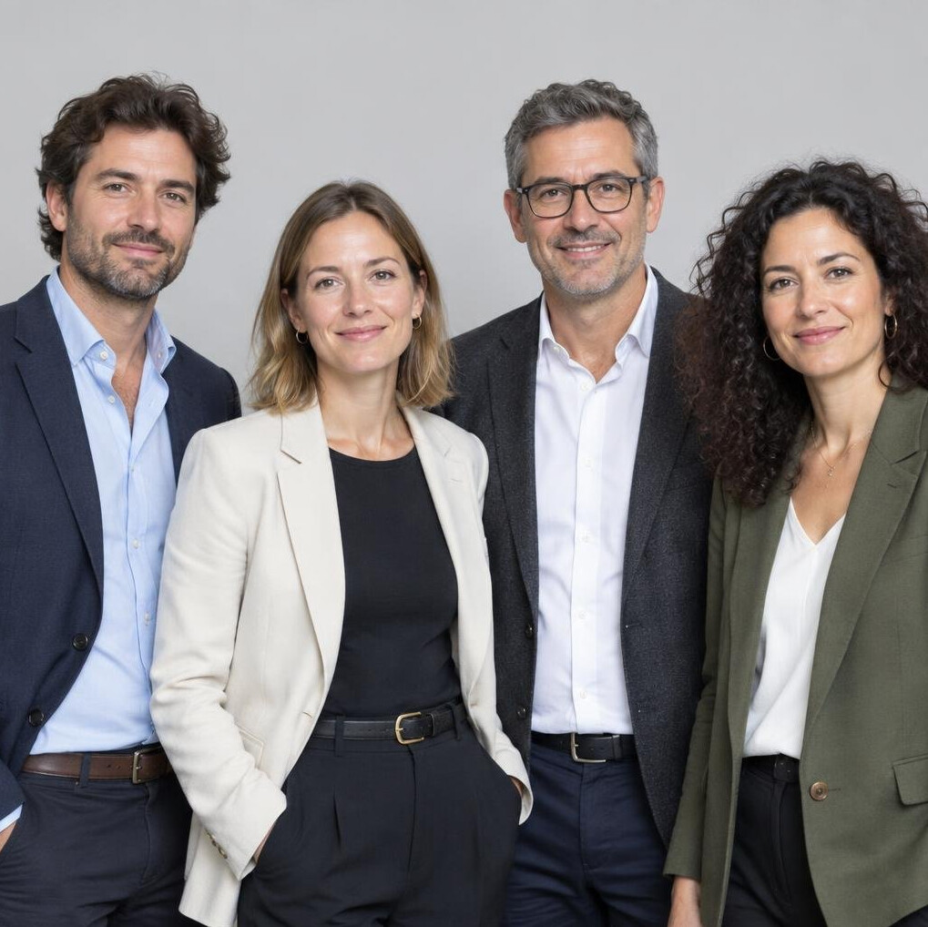 Group portrait of four diverse journalists standing together